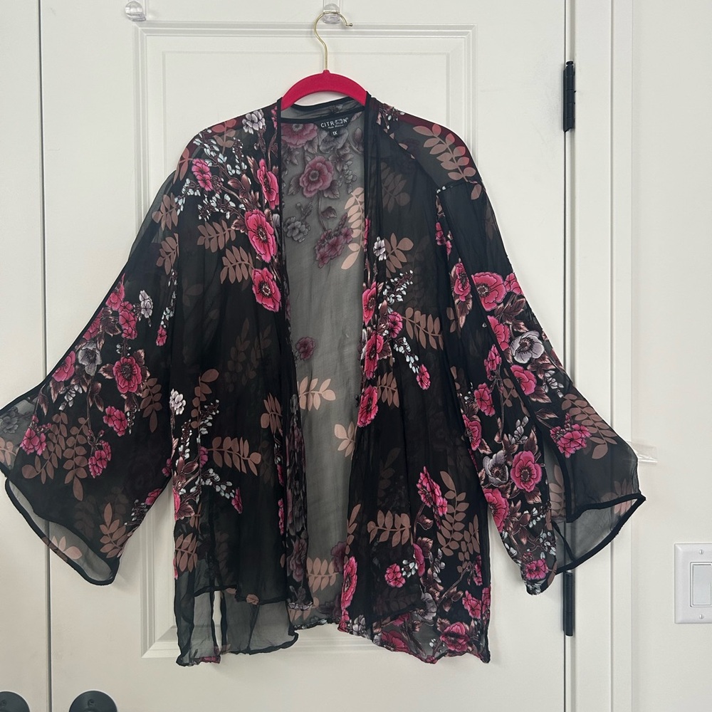 CITRON SANTA MONICA size 1X Open front Floral Silk Jacket Slit Cuff Sleeve